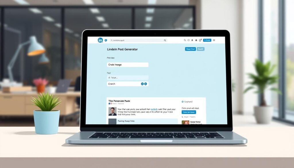A modern, sleek LinkedIn post generator interface displayed on a laptop screen, with a clean and minimalist design. The foreground features a minimalist user interface with input fields, buttons, and a preview pane showcasing the generated post. The middle ground shows the laptop in a well-lit, modern office setting, with a stylish desk, plant, and other subtle accents. The background has a blurred out, professional-looking backdrop, creating a sense of depth and focus on the main subject. The overall mood is one of productivity, efficiency, and a high-quality AI-powered solution for creating engaging LinkedIn posts.