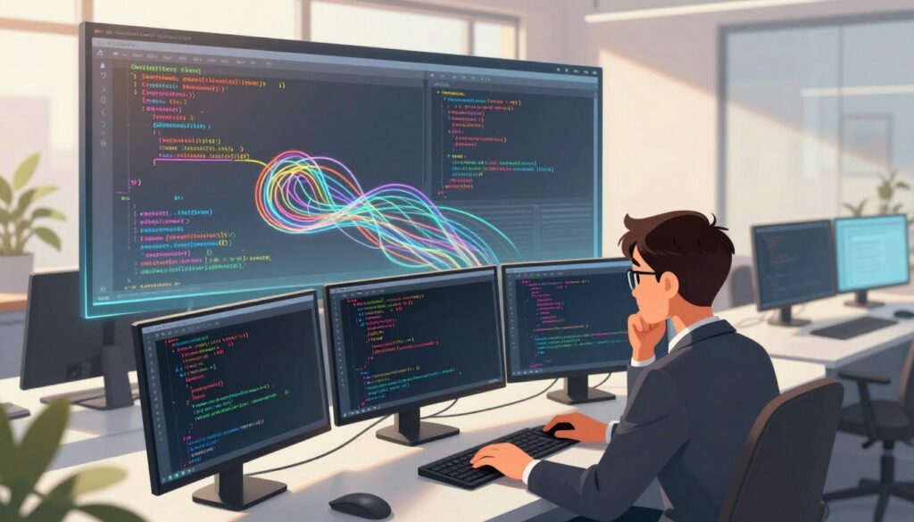 A modern, sleek office environment serving as the background, showcasing soft sunlight filtering through large windows, creating a warm and inviting atmosphere. In the foreground, a focused software developer, dressed in professional business attire, is thoughtfully refactoring code on multiple screens, with lines of elegant code projected dynamically on glass surfaces. The middle layer features a digital representation of code, visualized as flowing lines that transform from chaotic to structured forms, illustrating the concept of continuous aesthetic care. Utilize a slightly elevated angle to capture the developer’s concentration, while highlighting the vibrant colors of the code and the clean lines of the workspace. The overall mood is one of innovation, clarity, and professionalism, emphasizing the beauty in well-refactored code.