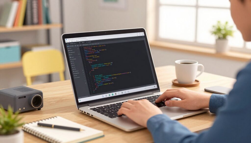 A modern workspace featuring an open laptop displaying the Cursor IDE codebase, filled with lines of colorful code for debugging. In the foreground, a pair of professional hands typing on the keyboard, showcasing a focus on programming. The middle ground includes a vibrant, well-organized desk with a notebook, a cup of coffee, and technical gadgets. The background features a bright, softly lit room with shelves of programming books and a large window allowing natural light to flood in, creating a warm atmosphere. The scene captures a blend of creativity and technology, radiating productivity and innovation, with a soft focus effect to emphasize the laptop screen.