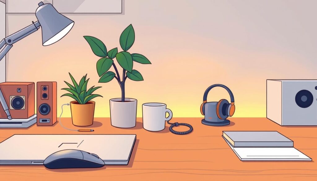 A neatly organized workspace with various aesthetic coding tools and accessories. In the foreground, a sleek laptop and a minimalist mouse on a wooden desk. In the middle ground, a potted plant, a mug of coffee, and a pair of comfortable headphones. The background features a wall with geometric patterns and soft, warm lighting, creating a calming and inspirational atmosphere. The overall scene exudes a sense of focus, productivity, and a passion for vibe-driven development.