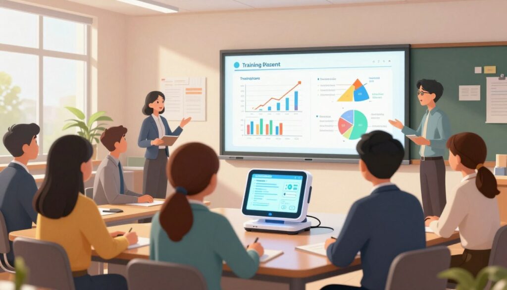 A professional training session in a bright, modern classroom setting. In the foreground, a diverse group of teachers, dressed in professional business attire, engaged with a sleek AI assistant device displaying graphs and data on its screen. In the middle, a large interactive whiteboard showcasing colorful charts on training progress and student engagement, surrounded by educational materials. The background features windows allowing natural light to flood in, creating an uplifting atmosphere. Soft shadows enhance depth, while a focused lens captures the excitement and collaboration in the room. The mood is dynamic and encouraging, reflecting the swift path to mastery through innovative techniques. A professional training session in a bright, modern classroom setting. In the foreground, a diverse group of teachers, dressed in professional business attire, engaged with a sleek AI assistant device displaying graphs and data on its screen. In the middle, a large interactive whiteboard showcasing colorful charts on training progress and student engagement, surrounded by educational materials. The background features windows allowing natural light to flood in, creating an uplifting atmosphere. Soft shadows enhance depth, while a focused lens captures the excitement and collaboration in the room. The mood is dynamic and encouraging, reflecting the swift path to mastery through innovative techniques.