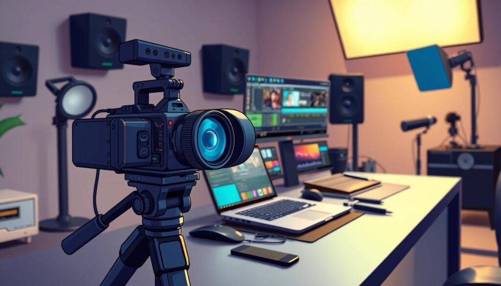 A professional video production studio filled with high-tech equipment, carefully arranged on a sleek, modern desk. In the foreground, a state-of-the-art camera with a crisp, high-resolution lens sits atop a sturdy tripod, ready to capture stunning footage. In the middle ground, an array of editing tools and software, including a powerful laptop, audio interface, and a high-end microphone, ready to transform raw footage into polished, professional-grade content. In the background, a soft, indirect lighting scheme illuminates the scene, creating a warm, creative atmosphere conducive to video production and content creation. The overall mood is one of focus, efficiency, and the boundless potential of video-first affiliate marketing.