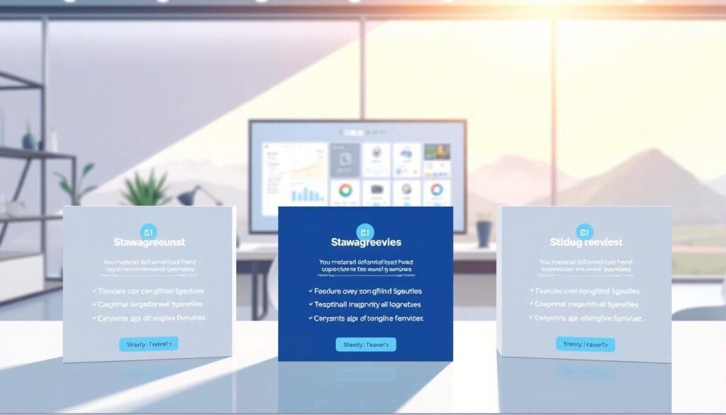 A professional, well-lit product display showcasing different tiers of a software service. The foreground features three visually distinct product packages, each with its own set of features and value propositions communicated through clean, minimalist iconography and typography. The middle ground depicts a sleek, modern workspace environment with a large monitor displaying an interactive product demo. The background is a serene, ethereal landscape with soft, diffused lighting, suggesting the product's effortless integration into a digital lifestyle. The overall composition conveys a sense of clarity, accessibility, and the tangible benefits of the AI-powered software offering.