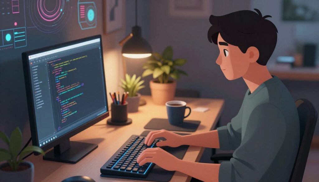 A serene and focused software developer sits at a sleek, modern workstation, deeply engaged in coding. The foreground shows a close-up of their hands typing on a illuminated keyboard, with lines of code visible on the screen. In the middle ground, a dimly lit, clutter-free workspace illuminated by soft, warm light creates an inviting atmosphere, featuring potted plants and a coffee cup. The background includes abstract digital graphics symbolizing flow state, like swirling colors and geometric patterns, subtly blending with the environment. The overall mood conveys concentration and tranquility, with a shallow depth of field emphasizing the developer in a moment of heightened focus, captured from a slightly elevated angle for an immersive perspective. A serene and focused software developer sits at a sleek, modern workstation, deeply engaged in coding. The foreground shows a close-up of their hands typing on a illuminated keyboard, with lines of code visible on the screen. In the middle ground, a dimly lit, clutter-free workspace illuminated by soft, warm light creates an inviting atmosphere, featuring potted plants and a coffee cup. The background includes abstract digital graphics symbolizing flow state, like swirling colors and geometric patterns, subtly blending with the environment. The overall mood conveys concentration and tranquility, with a shallow depth of field emphasizing the developer in a moment of heightened focus, captured from a slightly elevated angle for an immersive perspective.