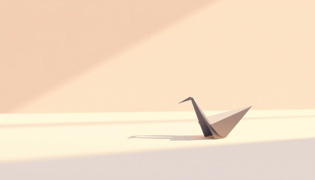 A serene, minimalist composition depicting the concept of "reduce thoughtfully". In the foreground, a single, elegantly folded origami crane in shades of grey, its form symbolizing the essence of simplicity and intentionality. The background is a soft, muted gradient, creating a sense of calm and focus, encouraging the viewer to pause and reflect. Warm, natural lighting casts gentle shadows, emphasizing the delicate details of the origami figure. The overall mood is one of quiet contemplation, inviting the viewer to consider the power of deliberate, thoughtful reduction in the context of a creative coding mindset.