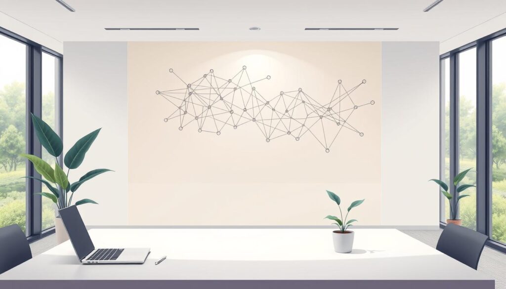 A serene, minimalist office workspace with clean lines and a calming atmosphere. In the foreground, a sleek, modern desk with a laptop, pen, and a potted plant, symbolizing a harmonious blend of technology and nature. The middle ground showcases a large, abstract wall mural in muted tones, depicting interconnected shapes and patterns that represent the intricacies of system design. Soft, indirect lighting illuminates the scene, casting gentle shadows and creating a sense of tranquility. The background features floor-to-ceiling windows, allowing natural light to flood the space and providing a serene, contemplative view of a lush, green landscape outside. A serene, minimalist office workspace with clean lines and a calming atmosphere. In the foreground, a sleek, modern desk with a laptop, pen, and a potted plant, symbolizing a harmonious blend of technology and nature. The middle ground showcases a large, abstract wall mural in muted tones, depicting interconnected shapes and patterns that represent the intricacies of system design. Soft, indirect lighting illuminates the scene, casting gentle shadows and creating a sense of tranquility. The background features floor-to-ceiling windows, allowing natural light to flood the space and providing a serene, contemplative view of a lush, green landscape outside.