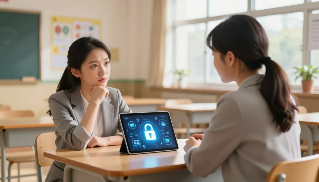 A serene school environment showcasing a modern classroom with a focus on privacy concerns surrounding AI technology. In the foreground, a thoughtful parent dressed in professional attire is engaged in a discussion with a teacher, representing a dialogue about data practices. In the middle, a digital tablet displays abstract data symbols and a glowing lock icon, symbolizing privacy. The background features a well-lit classroom with educational posters about digital safety, creating a warm and inviting atmosphere. Soft natural lighting filters through large windows, casting gentle shadows, enhancing the thoughtful mood. The composition uses a shallow depth of field to emphasize the interaction, while the overall color scheme is calming and professional, reflecting the importance of privacy in education.