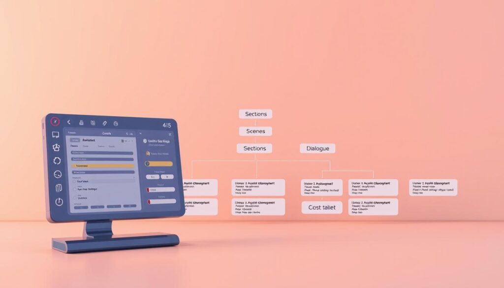 A sleek and modern 3D illustration of an AV script structure, showcasing the key components in a clean and visually appealing manner. The foreground features a stylized script editor interface with various controls and menus, highlighting the essential tools for script creation and customization. The middle ground displays a neatly organized hierarchical structure of the script, with sections, scenes, and lines of dialogue presented in a intuitive layout. The background provides a minimalist, yet sophisticated setting, with soft lighting and subtle gradients that create a sense of depth and professionalism, reflecting the high-quality nature of the script generator tool.