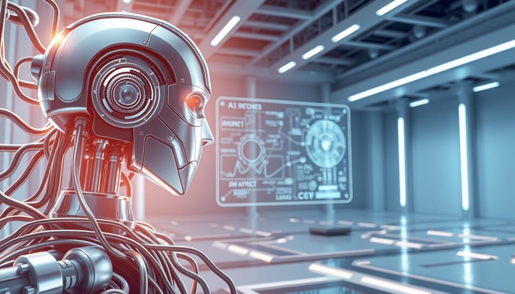 A sleek, futuristic artificial intelligence system, its metallic components gleaming under bright, directional lighting. In the foreground, intricate circuits and processors intertwine, hinting at the complexity of the AI's inner workings. The middle ground features a transparent display panel, showcasing a visualization of the AI's neural networks, algorithms, and decision-making processes. In the background, a minimalist, high-tech environment suggests the advanced, cutting-edge nature of this intelligent system. The overall atmosphere is one of precision, innovation, and the boundless potential of AI technology.