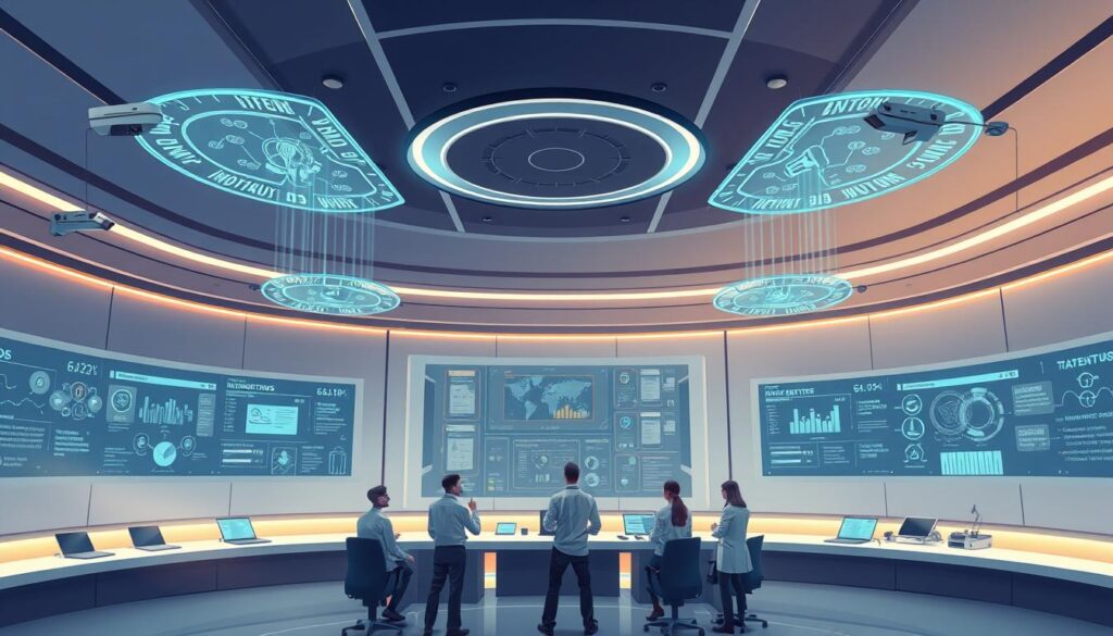 A sleek, futuristic control center with a central console displaying real-time network activity data. Holographic screens project intrusion alerts and security protocols. Omnidirectional cameras and motion sensors discreetly line the walls, monitoring the environment. Soft, ambient lighting and a minimalist, high-tech aesthetic convey a sense of order and efficiency. In the foreground, a team of cybersecurity experts collaborates, analyzing threat patterns and adjusting defensive measures to secure the system. The overall scene exudes a sophisticated, cutting-edge atmosphere befitting the integration of AI-powered intrusion detection in a real-world setting.