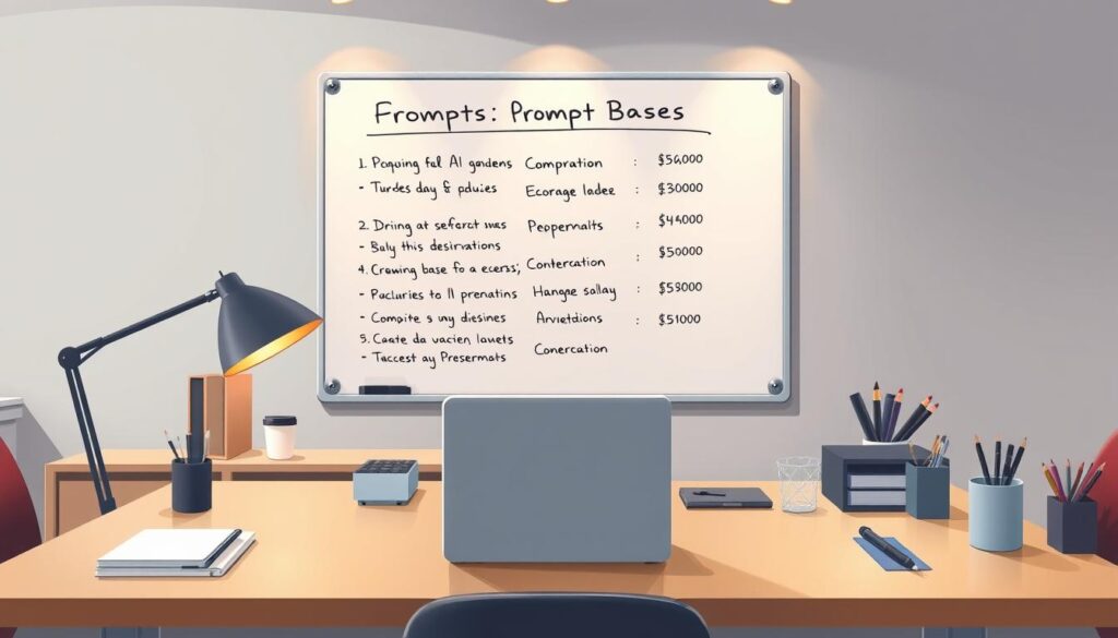 A sleek, modern desk with a laptop, tablet, and various office supplies neatly arranged, illuminated by warm, indirect lighting. In the background, a minimalist whiteboard displays a handwritten list of prompts, their descriptions, and pricing. The scene exudes a sense of organization, productivity, and the business of creating and selling AI-generated content on a platform like PromptBase.
