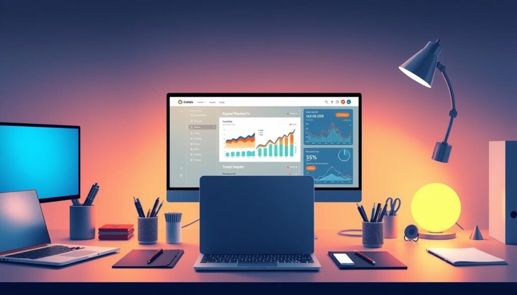 A sleek, modern office desk setup with a glowing laptop, a stylish desktop monitor, and an array of stationery essentials neatly arranged. In the center, a state-of-the-art keyword research tool dominates the scene, its intuitive interface and vivid analytics displayed on the screen. Soft, indirect lighting casts a warm glow across the scene, creating a productive and focused atmosphere. The overall composition conveys the power and precision of data-driven keyword research, a crucial component of the toolkit for online marketing success.