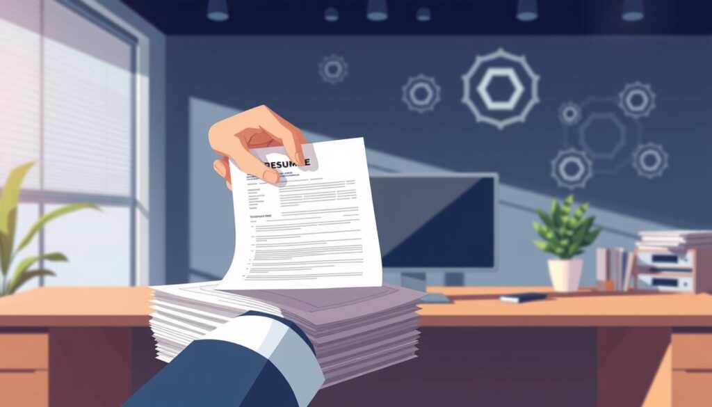 A sleek, modern office setting with a desk and computer. In the foreground, a hand hovers over a stack of resumes, carefully reviewing each one. The lighting is soft and natural, creating a focused, professional atmosphere. The background features abstract shapes and patterns, hinting at the AI-powered algorithms at work behind the scenes. The overall mood is one of efficiency, intelligence, and a touch of futuristic technology. A seamless blend of the human touch and the power of artificial intelligence in the hiring process. A sleek, modern office setting with a desk and computer. In the foreground, a hand hovers over a stack of resumes, carefully reviewing each one. The lighting is soft and natural, creating a focused, professional atmosphere. The background features abstract shapes and patterns, hinting at the AI-powered algorithms at work behind the scenes. The overall mood is one of efficiency, intelligence, and a touch of futuristic technology. A seamless blend of the human touch and the power of artificial intelligence in the hiring process.