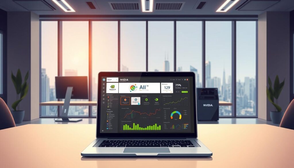 A sleek, modern workplace scene showcasing the NVIDIA-Certified Associate program. In the foreground, a stylized laptop displays an interactive AI dashboard, with intuitive visualizations and analytics. The middle ground features a minimalist desk setup, including an NVIDIA-branded monitor and workstation. The background depicts a bright, airy office environment, with floor-to-ceiling windows offering a panoramic view of a bustling cityscape. Warm, diffused lighting creates a professional, tech-forward atmosphere, highlighting the cutting-edge tools and resources available to NVIDIA-Certified Associates. The overall composition conveys a sense of expertise, innovation, and the promise of advanced AI mastery.