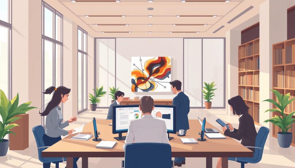 A spacious modern law office, flooded with natural light from large windows. In the foreground, a legal team gathered around a conference table, reviewing documents and engaged in animated discussion. In the middle ground, a paralegal using advanced e-discovery software to analyze and classify a vast digital document collection. In the background, floor-to-ceiling bookshelves and a striking abstract artwork, conveying an atmosphere of intellectual rigor and legal expertise. Crisp, high-resolution imagery with a clean, professional aesthetic. Subtle warm tones and soft shadows create a sense of depth and sophistication.