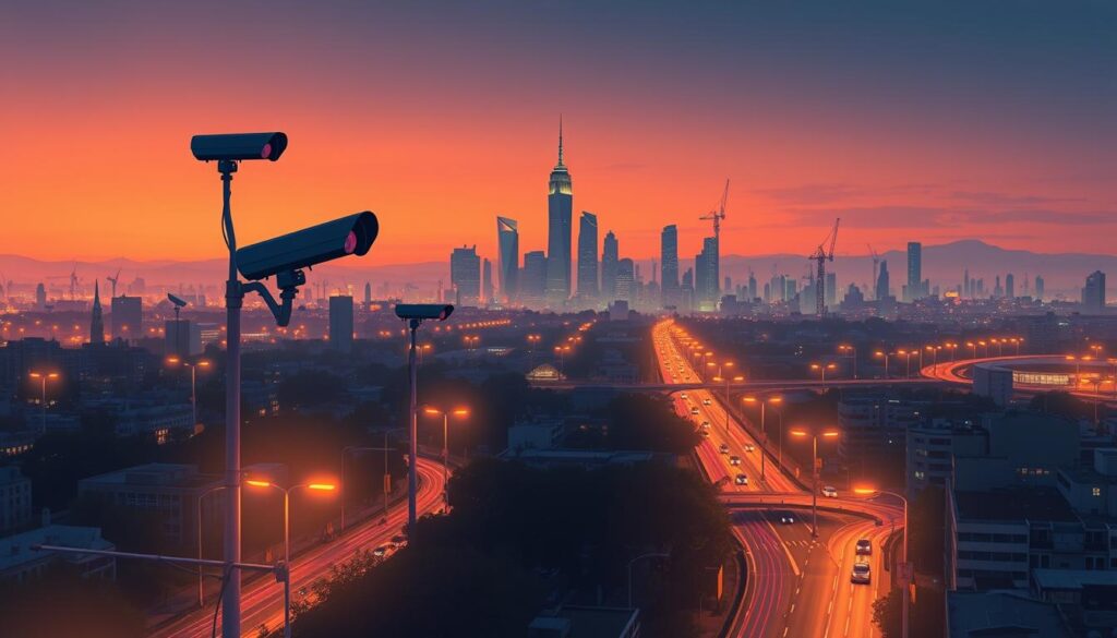 A sprawling cityscape at dusk, illuminated by the warm glow of streetlights. In the foreground, a network of IoT sensors - sleek, minimalist devices mounted on lampposts and building facades, their multiple lenses and antennas capturing a wealth of data about traffic flow, environmental conditions, and public activity. The middle ground features the silhouettes of vehicles and pedestrians, their movements tracked and analyzed by the sensor array. In the background, towering skyscrapers and infrastructure fade into the hazy horizon, hinting at the broader smart city ecosystem powered by this intricate data pipeline.