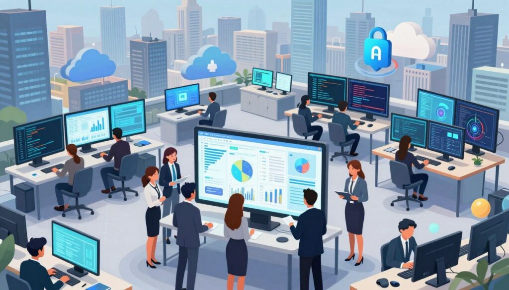 A sweeping aerial view of a vibrant tech landscape, showcasing a variety of AI red teaming tools. In the foreground, diverse professionals in business attire collaborate around a large digital display filled with graphs and datasets, symbolizing teamwork and innovation. The middle ground features sleek monitoring screens and intricate coding environments, portraying the complexity of toolsets used in AI red teaming. The background reveals a modern city skyline with abstract representations of cloud computing and cybersecurity. Soft, diffused lighting enhances the atmosphere, suggesting a blend of urgency and focus. The imagery reflects a high-tech, professional mood, emphasizing the intersection of AI and security in a dynamic, collaborative setting.