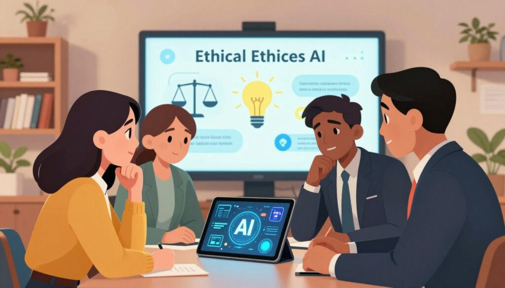 A thoughtful scene illustrating ethical considerations in AI. In the foreground, a diverse group of three professionals, including a young woman in smart casual attire and two men in business suits, are engaged in a heated discussion around a futuristic digital tablet displaying abstract AI algorithms. In the middle ground, a large screen displays simplified ethics guidelines for AI usage, incorporating symbols like scales and a light bulb representing ideas. The background features a modern classroom environment with bookshelves and potted plants, bathed in soft, warm lighting that suggests a collaborative atmosphere. The overall mood is serious yet hopeful, emphasizing the importance of responsible AI use and its implications for the future. The angle captures a sense of engagement and urgency without any text or distractions.