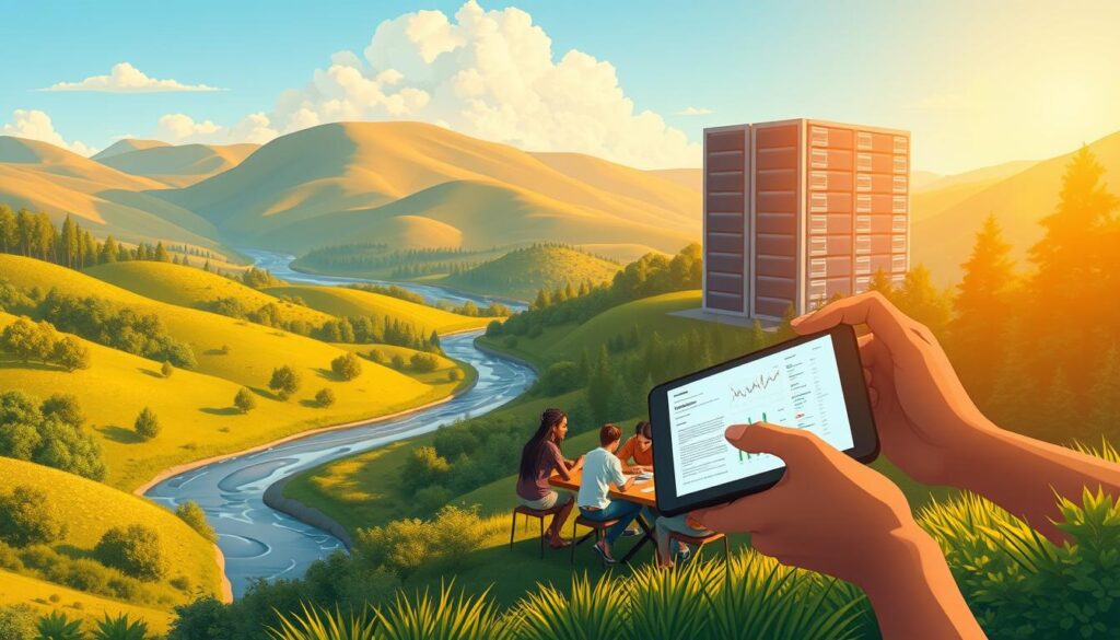 A tranquil landscape of rolling hills, lush forests, and a serene river cutting through the terrain. In the foreground, a pair of hands gently caressing a digital tablet, the screen displaying a complex data visualization. The middle ground features a group of diverse individuals huddled around a table, engaged in animated discussion, their body language and facial expressions conveying deep analysis and collaboration. In the background, a towering data center, its servers humming with the processing power required to generate insights from unstructured natural language. The scene is bathed in warm, golden light, creating a sense of harmony and progress. The overall mood is one of intellectual curiosity, technological advancement, and the power of inclusive data analysis.