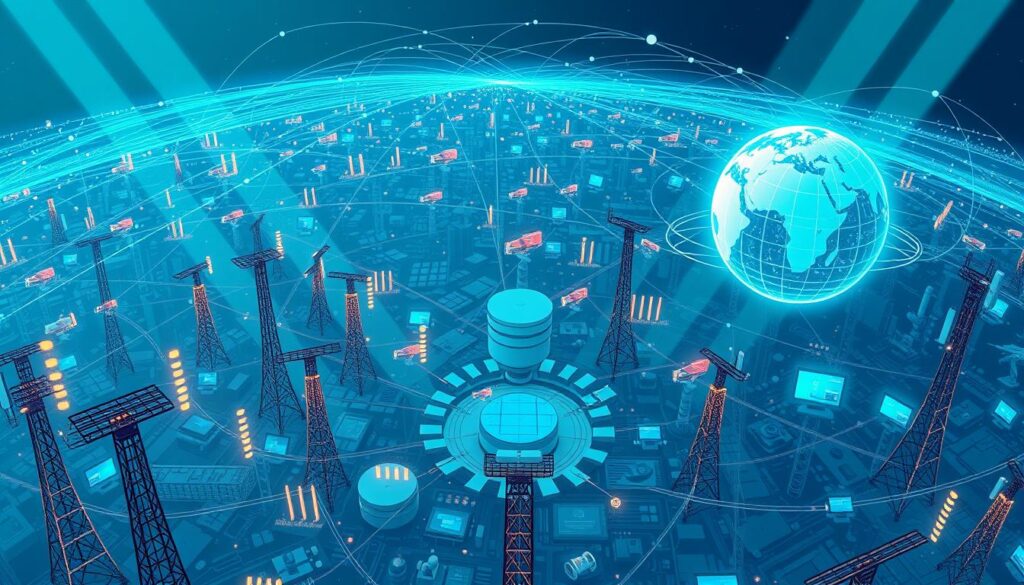 A vast, interconnected network of global safety systems, seen from a bird's eye perspective. In the foreground, a complex array of sensors, cameras, and communication towers monitoring the world's cities and borders. The middle ground reveals hubs of data analysis and decision-making, with screens displaying real-time threat assessments and response protocols. The background showcases a globe, pulsing with lines of information, linking these distributed safety nodes into a cohesive, worldwide safety framework. The scene is bathed in a cool, blue-hued lighting, conveying a sense of order, vigilance, and technological prowess in the face of global challenges.