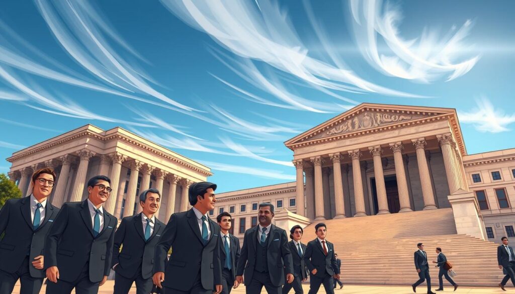 A vast, marble-clad governmental building stands tall, its neo-classical columns and grand, sweeping staircase evoking a sense of authority and tradition. The sky above is a deep, azure blue, with wispy clouds drifting lazily across the frame. In the foreground, a group of professionals in crisp, tailored suits move with purpose, their faces expressions of focused determination as they navigate the intricate pathways of governance and regulation. The lighting is warm and diffused, casting a subtle glow on the scene, highlighting the interplay of power, responsibility, and the constant evolution of the rules that shape our society. A vast, marble-clad governmental building stands tall, its neo-classical columns and grand, sweeping staircase evoking a sense of authority and tradition. The sky above is a deep, azure blue, with wispy clouds drifting lazily across the frame. In the foreground, a group of professionals in crisp, tailored suits move with purpose, their faces expressions of focused determination as they navigate the intricate pathways of governance and regulation. The lighting is warm and diffused, casting a subtle glow on the scene, highlighting the interplay of power, responsibility, and the constant evolution of the rules that shape our society.