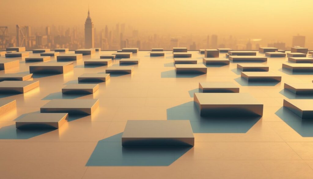 A vast, minimalist landscape of modern, sleek platforms in varying shapes and sizes. The platforms are arranged in a symmetrical, grid-like pattern, casting long shadows across a smooth, reflective surface. The scene is bathed in a warm, golden light, creating a sense of tranquility and order. The platforms are constructed from brushed metal and glass, with clean lines and sharp edges. In the background, a hazy, out-of-focus cityscape provides a subtle context, highlighting the platforms as the central focus. The overall composition conveys a sense of functionality, efficiency, and technological advancement, suitable for a homeschooling curriculum.