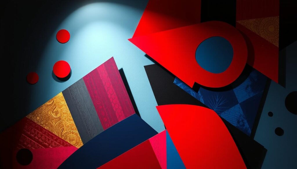 A vibrant, abstract wall art piece featuring dynamic geometric shapes and patterns. The composition has a captivating, contemporary aesthetic, with a harmonious blend of bold colors like rich crimson, deep indigo, and shimmering gold. The shapes are arranged in a visually striking, asymmetric layout that draws the eye across the frame. The lighting is dramatic, with subtle highlights and shadows that add depth and dimension to the artwork. The overall mood is energetic, modern, and designed to make a bold statement in any interior space. A vibrant, abstract wall art piece featuring dynamic geometric shapes and patterns. The composition has a captivating, contemporary aesthetic, with a harmonious blend of bold colors like rich crimson, deep indigo, and shimmering gold. The shapes are arranged in a visually striking, asymmetric layout that draws the eye across the frame. The lighting is dramatic, with subtle highlights and shadows that add depth and dimension to the artwork. The overall mood is energetic, modern, and designed to make a bold statement in any interior space.