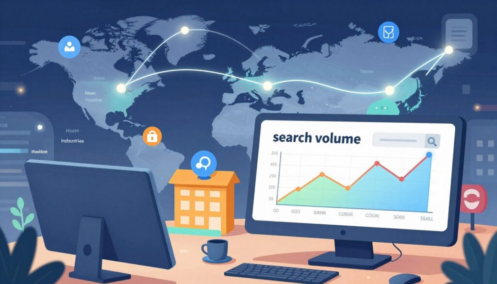 A vibrant and engaging visualization of "search volume" represented through a dynamic digital landscape. In the foreground, a sleek, modern computer screen displays colorful graphs and charts showcasing fluctuating search trends related to various industries. The middle ground features stylized representations of different industries, such as technology, retail, and healthcare, illustrated by icons and symbols that reflect their unique characteristics. The background portrays a map of the United States, subtly integrated with glowing navigation lines symbolizing local searches and user intent. Soft, ambient lighting casts a professional glow over the entire scene, giving it an uplifting and productive atmosphere. The overall mood is one of innovation and insight, perfect for conveying the nuances of targeting search volume effectively.