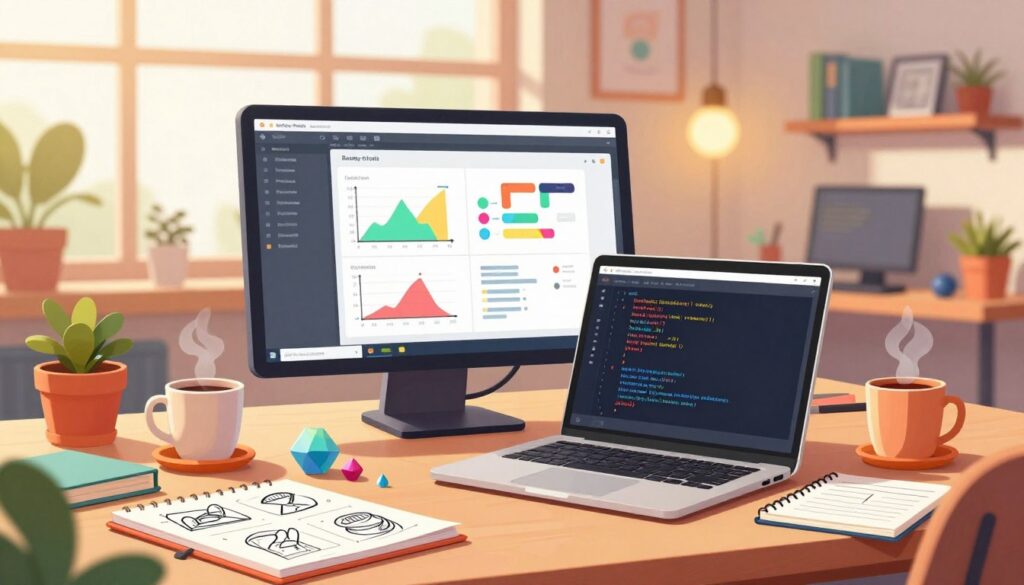 A vibrant digital workspace depicting the essence of Ruby on Rails. In the foreground, a well-organized desk with a sleek laptop displaying string of Ruby code in an IDE. Scattered around are notebooks filled with brainstorming sketches, a steaming coffee cup, and Ruby gemstone accents. The middle layer reveals a virtual development environment showcased on the laptop screen, with colorful graphs and flowcharts representing rapid prototyping. In the background, large windows filter in warm, golden light, illuminating a creative studio filled with tech-related decor and potted plants, contributing to an inspirational atmosphere. The overall mood is innovative and dynamic, reflecting the excitement of coding and the vibrant possibilities of the Ruby on Rails framework. A vibrant digital workspace depicting the essence of Ruby on Rails. In the foreground, a well-organized desk with a sleek laptop displaying string of Ruby code in an IDE. Scattered around are notebooks filled with brainstorming sketches, a steaming coffee cup, and Ruby gemstone accents. The middle layer reveals a virtual development environment showcased on the laptop screen, with colorful graphs and flowcharts representing rapid prototyping. In the background, large windows filter in warm, golden light, illuminating a creative studio filled with tech-related decor and potted plants, contributing to an inspirational atmosphere. The overall mood is innovative and dynamic, reflecting the excitement of coding and the vibrant possibilities of the Ruby on Rails framework.