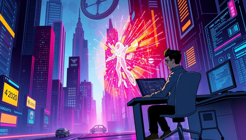 A vibrant futuristic cityscape, with a central figure representing "vibe coding" immersed in a dynamic, glowing digital environment. Beside them, a more rigid, traditional programmer sits in a monochrome office setting. Dramatic lighting and camera angles emphasize the contrast between the two approaches - the vibe coder's fluid, intuitive process versus the conventional programmer's methodical, structured workflow. The background features a blend of skyscrapers, holographic displays, and pulsing data streams, hinting at the innovative, technology-driven nature of vibe coding. The overall tone is one of innovation, creativity, and the evolution of programming paradigms.