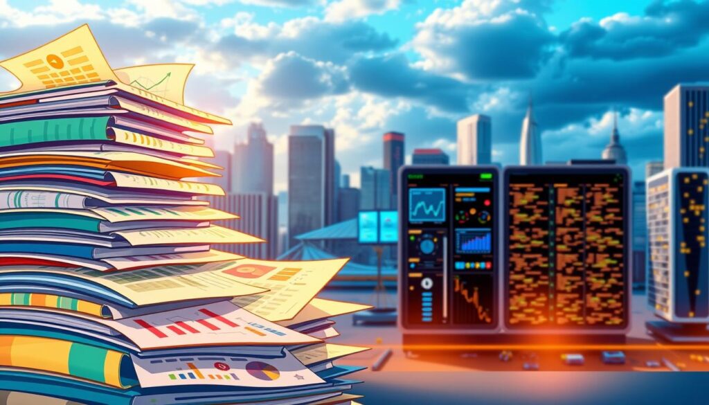 A well-lit, high-resolution image of data enrichment. In the foreground, a stack of colorful data files and spreadsheets with various icons and symbols, representing the diverse sources of information. In the middle ground, a central data processing hub with sleek, modern hardware and visualization screens displaying analytics dashboards. In the background, a cityscape with skyscrapers and a cloudy, blue sky, symbolizing the scale and complexity of the data landscape. The lighting is warm and inviting, casting a glow on the data elements and conveying a sense of productivity and insight. The overall composition is balanced and dynamic, highlighting the power of enriching data to uncover valuable insights.