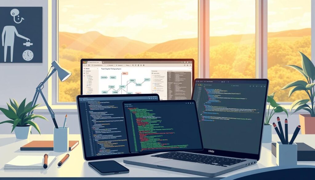 A well-lit, high-vibe coding workspace with a clean, minimalist aesthetic. In the foreground, a laptop display showcases elegant, maintainable code with modular design, clear variable naming, and strategic use of comments. Surrounding the laptop, an array of productivity-enhancing tools such as a tablet, stylus, and organized desk accessories. The middle ground features a large monitor displaying a detailed UML diagram, emphasizing architectural considerations and technical debt management. In the background, a large window overlooks a serene, nature-inspired landscape, creating a calming, balanced atmosphere conducive to focused, high-quality software development.