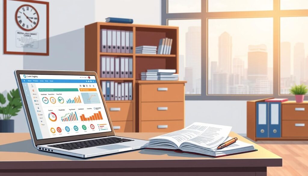 A well-lit office setting with a desk showcasing an array of regulatory compliance tools. In the foreground, a laptop displaying a compliance dashboard, with various icons and graphs representing different aspects of compliance monitoring. Atop the desk, an open binder, a stack of regulatory documents, and a pen resting alongside. In the middle ground, a filing cabinet and a bookshelf filled with compliance-related reference materials. The background features a large window overlooking a cityscape, casting a warm, natural light across the scene. The overall atmosphere conveys a sense of organization, professionalism, and a dedication to ensuring regulatory compliance.