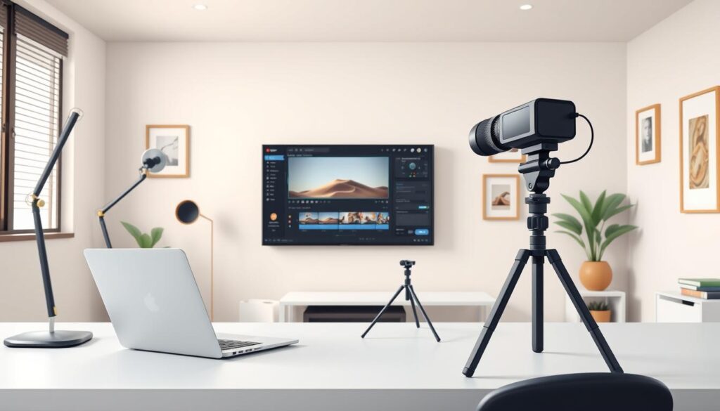 A well-lit, three-dimensional office space with a modern, minimalist design. In the foreground, a clean, uncluttered desk with a sleek laptop, a high-quality microphone, and a professional-looking camera on a tripod. The middle ground features a large, flat-screen monitor displaying a video editing interface, with various tools and controls visible. In the background, a simple, neutral-colored wall with a few framed art prints, creating a sense of sophistication and focus. The overall atmosphere is one of efficiency, productivity, and a seamless creative workflow, conveying the essence of a faceless YouTube channel setup.