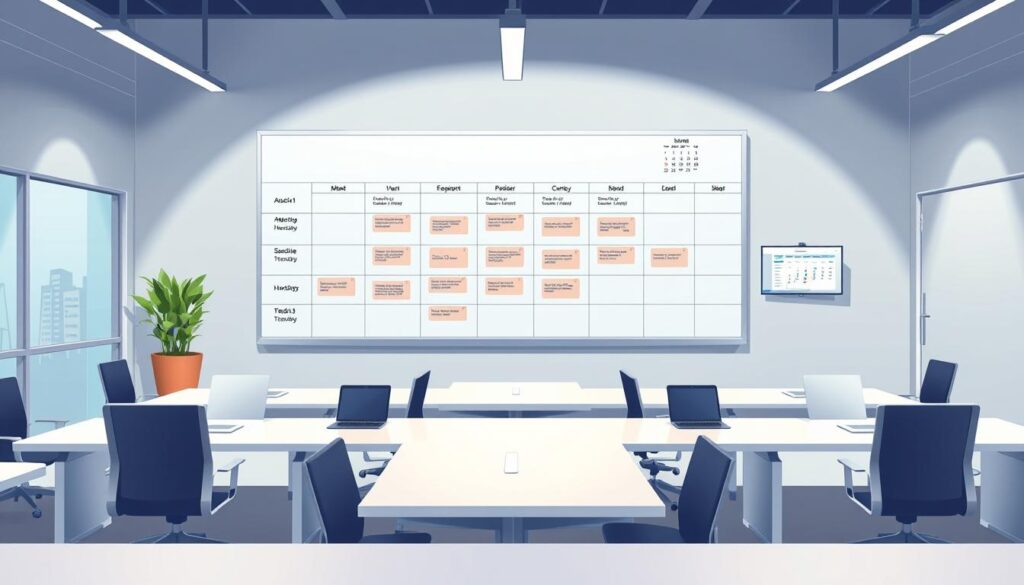 A well-organized and visually striking office space with a large whiteboard displaying a meticulously planned schedule. Sleek, modern desks and chairs in a minimalist style, with laptops and tablets arranged neatly. Soft, directional lighting illuminates the scene, creating a professional and productive atmosphere. In the background, a wall-mounted monitor shows a digital calendar interface, providing an integrated scheduling solution. The overall impression is one of efficiency, organization, and a harmonious blend of analog and digital tools for workforce management.