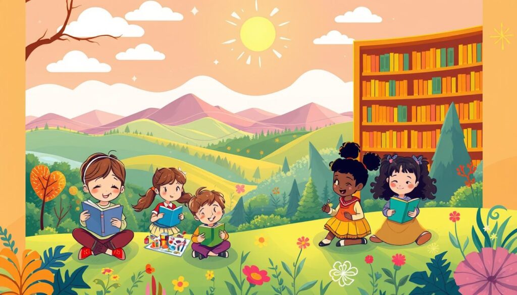 A whimsical children's book cover design featuring a playful, colorful illustration. In the foreground, a group of diverse children, drawn in a vibrant, stylized manner, engaged in various imaginative activities - reading, painting, building, and exploring. The middle ground showcases a fantastical landscape, with rolling hills, enchanted forests, and a bright, sun-dappled sky. In the background, a warm, inviting library or bookshelf setting, evoking a sense of wonder and discovery. The lighting is soft and warm, creating an inviting, magical atmosphere. Employing a clean, eye-catching composition with a balance of playful elements and a touch of educational themes, to captivate young readers and encourage their creativity. A whimsical children's book cover design featuring a playful, colorful illustration. In the foreground, a group of diverse children, drawn in a vibrant, stylized manner, engaged in various imaginative activities - reading, painting, building, and exploring. The middle ground showcases a fantastical landscape, with rolling hills, enchanted forests, and a bright, sun-dappled sky. In the background, a warm, inviting library or bookshelf setting, evoking a sense of wonder and discovery. The lighting is soft and warm, creating an inviting, magical atmosphere. Employing a clean, eye-catching composition with a balance of playful elements and a touch of educational themes, to captivate young readers and encourage their creativity.