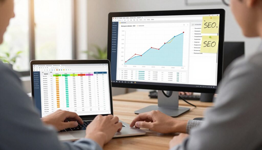 A workspace scene centered around a digital marketing professional analyzing keyword suggestions. In the foreground, a close-up of hands typing on a sleek laptop, with fingers poised over a colorful spreadsheet filled with keyword data. In the middle ground, a large monitor displays a vibrant graph showing website traffic trends, accompanied by sticky notes with brainstorming ideas. The background showcases a modern office environment with soft natural light filtering through a window, illuminating the space with a warm glow. The mood is focused and productive, reflecting a hands-on approach to SEO strategy, with a clean and organized aesthetic. The professional is dressed in business attire, enhancing the sense of professionalism and seriousness in the workflow.