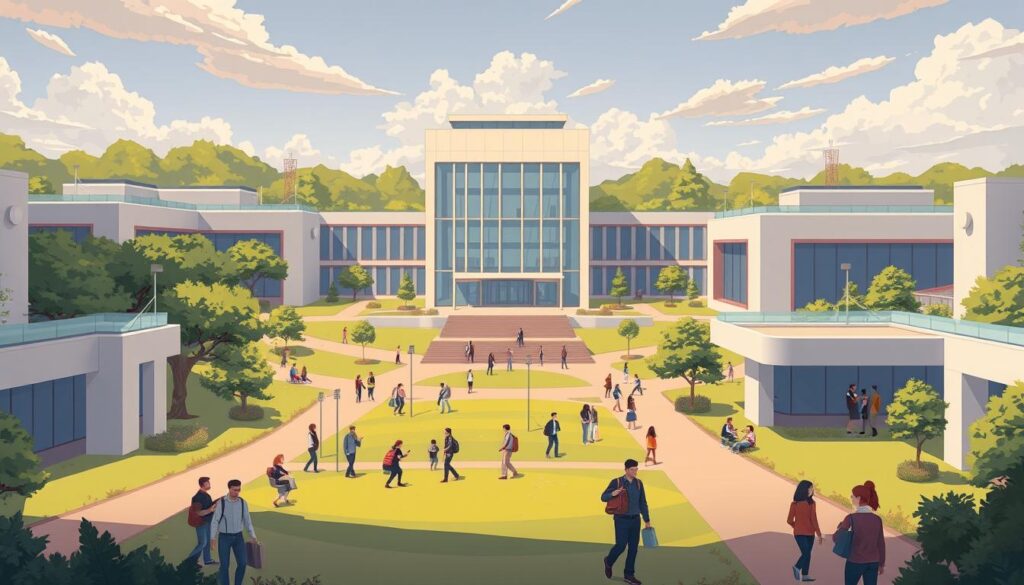 An expansive, modern campus with sleek architecture and lush greenery. A central building with large windows and clean lines stands tall, surrounded by smaller structures and open spaces. Warm, natural lighting illuminates the scene, casting soft shadows and creating a sense of depth. Students and faculty move about, engaged in discussions and collaborative work. The atmosphere is one of intellectual curiosity, innovation, and a commitment to learning. A sense of purpose and possibility permeates the environment, reflecting the ethos of the OpenAI Academy. An expansive, modern campus with sleek architecture and lush greenery. A central building with large windows and clean lines stands tall, surrounded by smaller structures and open spaces. Warm, natural lighting illuminates the scene, casting soft shadows and creating a sense of depth. Students and faculty move about, engaged in discussions and collaborative work. The atmosphere is one of intellectual curiosity, innovation, and a commitment to learning. A sense of purpose and possibility permeates the environment, reflecting the ethos of the OpenAI Academy.