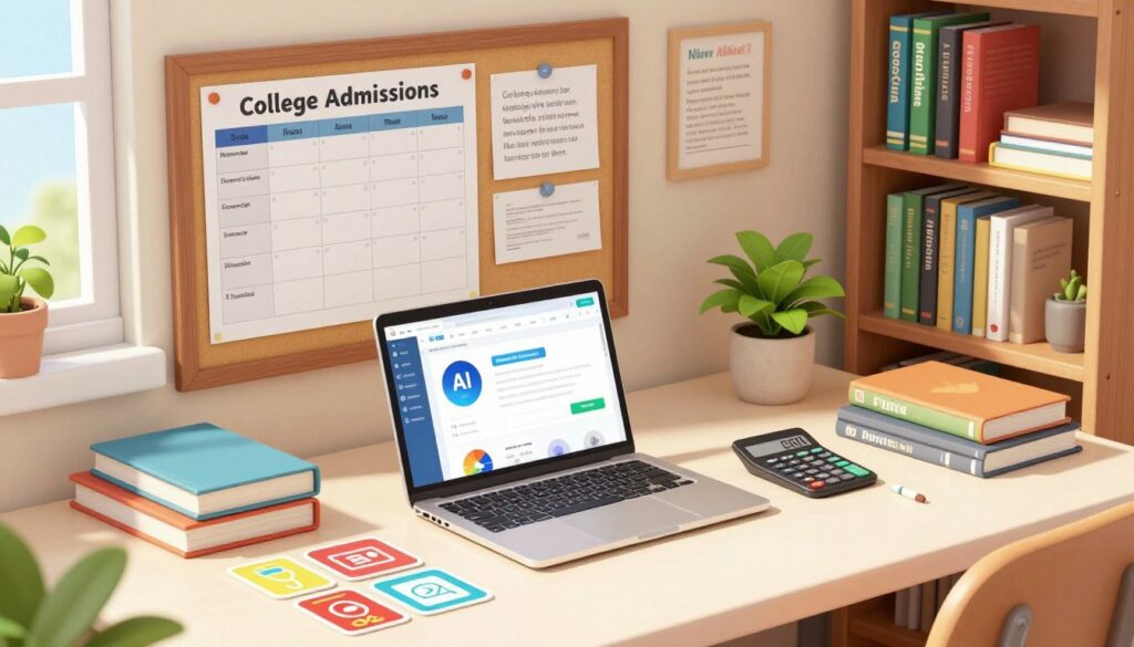 A bright and inspiring study space designed for high school students preparing for college admissions. In the foreground, a neatly organized desk adorned with various study tools: a laptop open to an AI test-prep platform, colorful flashcards, a calculator, and a set of neatly stacked textbooks. In the middle, a large bulletin board covered with academic schedules and motivational quotes. The background features a cozy bookshelf filled with educational resources and a small plant for a touch of greenery. Soft, natural light filters through a nearby window, creating a warm and inviting atmosphere. The overall mood conveys focus, determination, and the modern collaboration of traditional study methods with cutting-edge AI technology. The image is shot with a slightly elevated angle, emphasizing the inviting workspace.