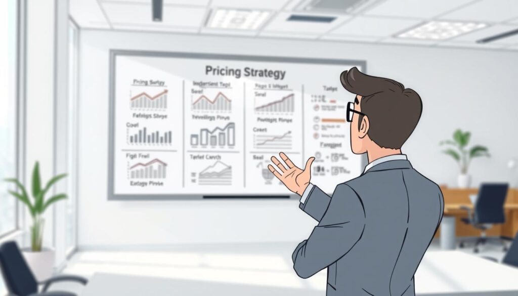 A bright, clean-looking office workspace with a large whiteboard on the wall displaying various pricing strategy charts and diagrams. In the foreground, a professional-looking person in a suit is gesturing towards the whiteboard, explaining the concepts. The lighting is soft and directional, creating a sense of focus and clarity. The background is blurred, emphasizing the central elements. The overall mood is one of thoughtful analysis and strategic planning, reflecting the "Pricing strategy: tiers, trials, and value ladders" theme.