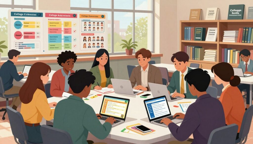 A bustling high school planning center filled with students engaged in college admissions strategies. In the foreground, a diverse group of high schoolers, dressed in professional casual attire, are gathered around a modern table, examining colorful planners and digital devices displaying college profiles. The middle ground features a large wall filled with vibrant charts and graphs illustrating college acceptance rates and student profiles. A bright, natural lighting filters through large windows, creating an uplifting atmosphere. In the background, shelves are stocked with books on college admissions and guidance counseling materials. The scene conveys a sense of collaboration, focus, and determination, showcasing the proactive use of technology and organization in the college preparation process.