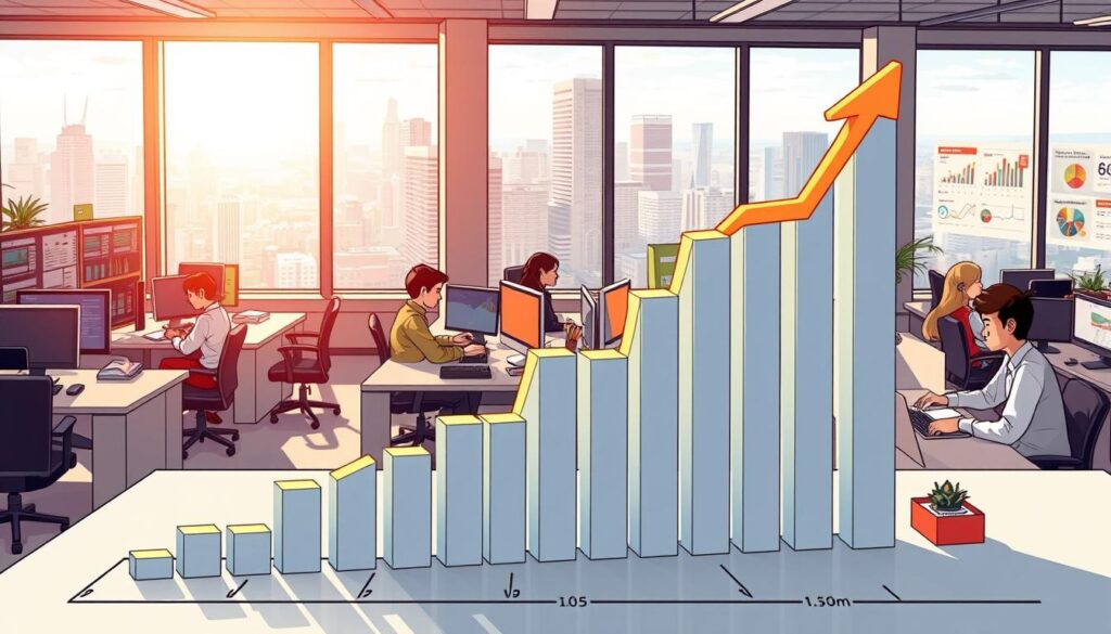 A busy office setting, with desks, computers, and employees engaged in work. In the foreground, a 3D graph depicting customer satisfaction metrics, with a upward trending line indicating positive impact. The middle ground features an array of data visualizations, charts, and analytical dashboards, while the background showcases a panoramic view of the cityscape through large windows, bathed in warm, natural lighting. The overall mood is one of productivity, progress, and data-driven decision making. A busy office setting, with desks, computers, and employees engaged in work. In the foreground, a 3D graph depicting customer satisfaction metrics, with a upward trending line indicating positive impact. The middle ground features an array of data visualizations, charts, and analytical dashboards, while the background showcases a panoramic view of the cityscape through large windows, bathed in warm, natural lighting. The overall mood is one of productivity, progress, and data-driven decision making.