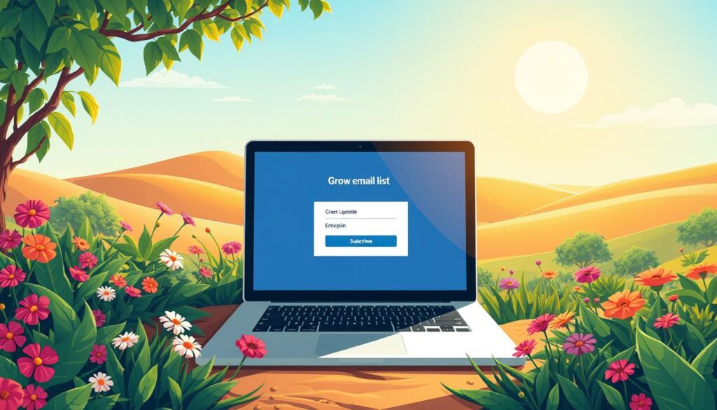 A captivating digital illustration depicting the concept of "grow email list". In the foreground, a lush, verdant garden filled with vibrant flowers and thriving plants, symbolizing the growth and nourishment of an email subscriber base. In the middle ground, a laptop positioned prominently, its screen displaying a sleek, modern email opt-in form inviting viewers to subscribe. The background is a warm, sun-drenched landscape, with rolling hills and a clear, azure sky, conveying a sense of prosperity and opportunity. The lighting is soft and natural, creating a welcoming and inviting atmosphere. The overall composition is balanced and harmonious, reflecting the ethical and strategic approach to building an email list.