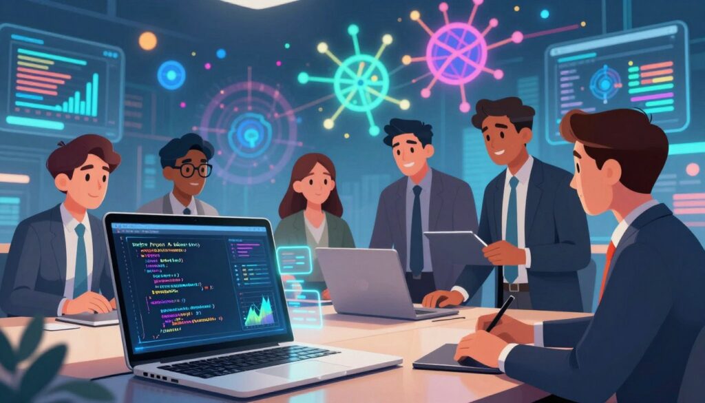 A captivating scene depicting the concept of "Python AI data" in a modern tech environment. In the foreground, a sleek laptop displays lines of Python code, with glowing data visuals and graphs emerging from the screen. The middle ground features a diverse team of professionals in business attire, intensely discussing data analysis, surrounded by digital interfaces filled with charts and machine learning models. In the background, an abstract representation of neural networks and data streams in vibrant colors creates a dynamic atmosphere. Bright, focused lighting highlights the importance of innovation, while a soft bokeh effect adds depth. The overall mood is energetic, inspiring collaboration and creativity in AI and data-heavy applications.