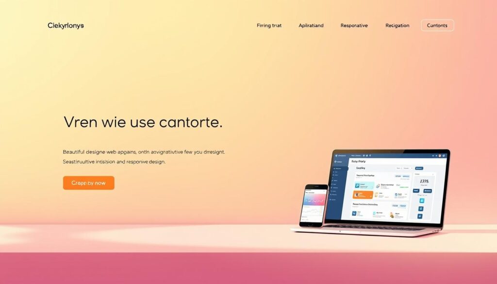 A clean, minimalist landing page with a vibrant, yet serene atmosphere. The foreground features a large hero image showcasing a beautifully designed web application UI, with elegant typography, intuitive navigation, and a cohesive color palette. The middle ground depicts a subtle, isometric illustration of a desktop computer, laptop, and mobile device, showcasing the responsive design. The background is a soft, pastel-tinted gradient, creating a calming and professional ambiance. The lighting is natural, with warm, diffused illumination, captured through a wide-angle lens to emphasize the expansive, airy layout. The overall mood is one of sophistication, simplicity, and user-friendliness, perfectly suited for a niche SaaS product.