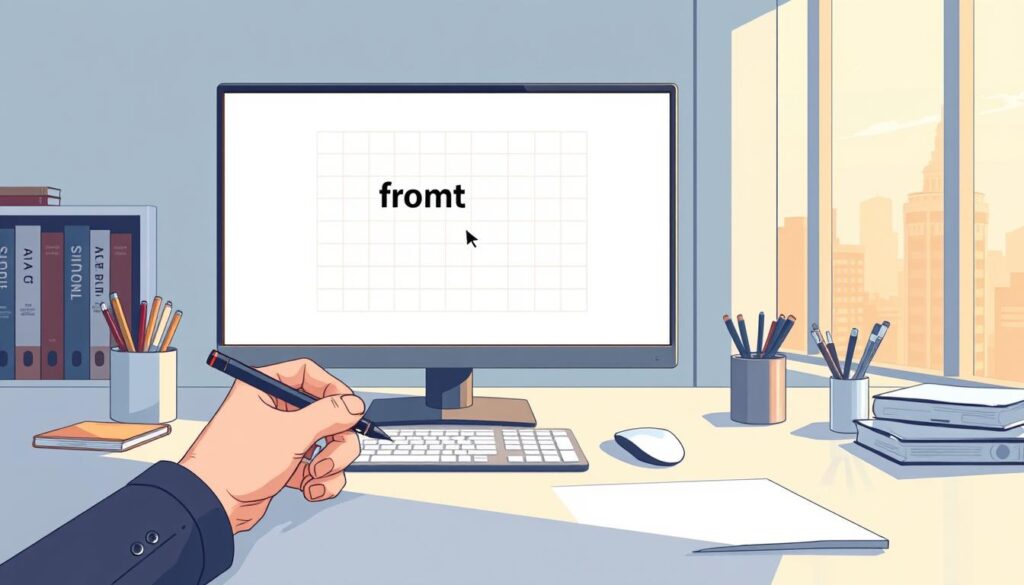 A clean, minimalist workspace with a sleek, brushed-metal desk, neatly arranged stationery, and a large monitor displaying a simple grid-based interface. Soft, indirect lighting creates a warm, focused atmosphere. In the foreground, a hand holds a stylus, poised to input a prompt on the screen. The middle ground features a bookshelf with titles on AI and creative writing, hinting at the depth of knowledge required for prompt engineering. The background includes a window with a cityscape, suggesting a professional, urban setting. The overall mood is one of precision, clarity, and a commitment to the craft of prompt design.