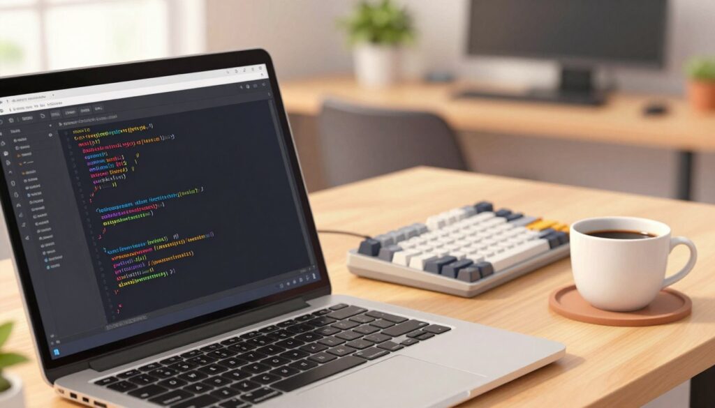 A close-up view of a beautifully organized code editor on a sleek, modern laptop. The foreground features sharp, colorful lines of code on a dark-themed interface, embodying clarity and efficiency. In the middle ground, a set of neatly arranged coding-related tools such as a mechanical keyboard and a cup of coffee add personality. The background includes a softly blurred workspace with a well-lit desk, plants, and soft ambient lighting that creates a warm, inviting atmosphere. The image conveys a sense of focus and tranquility, encouraging a productive coding environment. The overall composition should reflect a harmonious balance of creativity and professionalism, inviting viewers to appreciate the aesthetic aspects of coding.