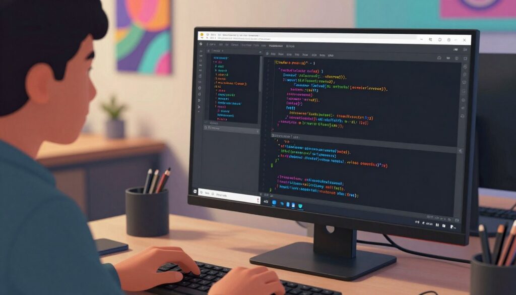 A close-up view of a modern code formatter interface displayed on a sleek computer monitor, showcasing beautifully organized and indented lines of code in various programming languages. In the foreground, a professional developer in smart casual attire is focused on the screen, with their hands poised over the keyboard, clearly engaged in the act of coding. In the middle ground, a stylish workspace with minimalist design elements, featuring soft ambient lighting that enhances the clarity of the screen. The background shows a wall of colorful, abstract tech art. The overall mood is one of productivity and creativity, emphasizing the importance of code aesthetics in modern development. The composition is captured from a slightly elevated angle, highlighting the interaction between the developer and the code formatter.