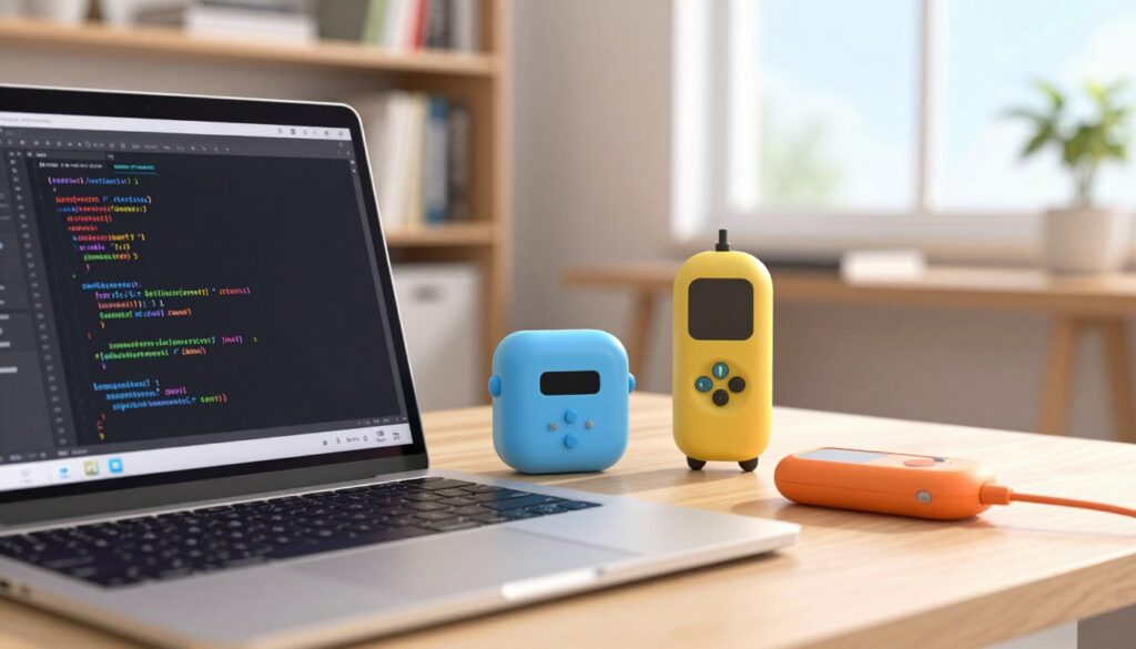 A close-up view of a modern workspace, featuring a sleek, open laptop displaying code in an integrated development environment (IDE). On the table, prominently placed, are physical representations of linters and formatters, designed as stylish, colorful tools resembling high-tech gadgets or instruments, symbolizing organization and efficiency. In the background, a soft-focus bookshelf filled with programming books and coding manuals adds depth to the scene. The room is well-lit with natural light streaming through a large window, creating a warm and inviting atmosphere. The camera angle is slightly tilted downwards, emphasizing the tools and the code they represent. The mood is professional yet creative, highlighting the importance of code aesthetics in everyday development practices.