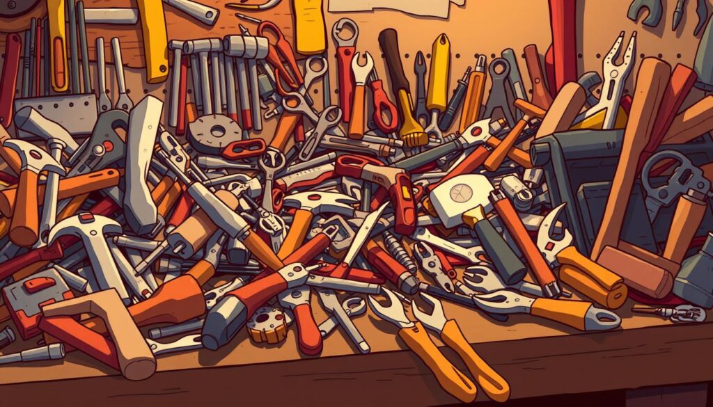 A cluttered workbench overflowing with an array of tools - hammers, screwdrivers, pliers, and more. The tools are arranged in a haphazard manner, suggesting a busy, well-used workspace. Soft, warm lighting illuminates the scene, casting subtle shadows that add depth and texture. The focus is on the tools themselves, with a sense of contemplation and deliberation, as if the viewer is carefully considering which one to select for a specific task. The image conveys the idea of choice, decision-making, and the importance of using the right tool for the job. A cluttered workbench overflowing with an array of tools - hammers, screwdrivers, pliers, and more. The tools are arranged in a haphazard manner, suggesting a busy, well-used workspace. Soft, warm lighting illuminates the scene, casting subtle shadows that add depth and texture. The focus is on the tools themselves, with a sense of contemplation and deliberation, as if the viewer is carefully considering which one to select for a specific task. The image conveys the idea of choice, decision-making, and the importance of using the right tool for the job.